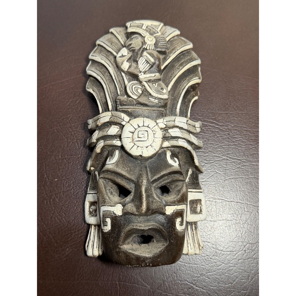 Vintage Mayan Aztec Style Clay Wall Mask Black Cream Tribal Decor 8 inch